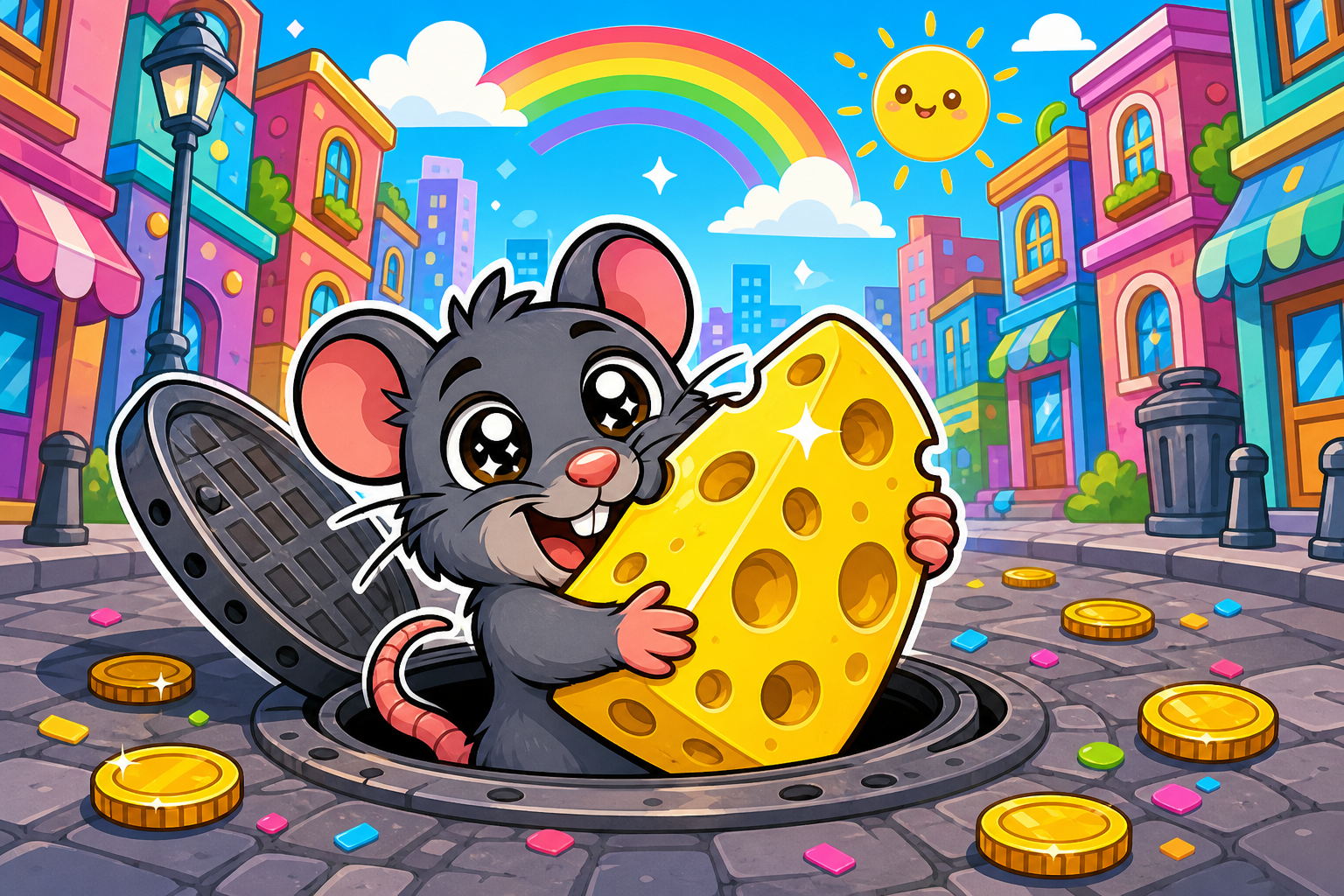 A cute baby rat popping out of a manhole hugging a cheese wedge