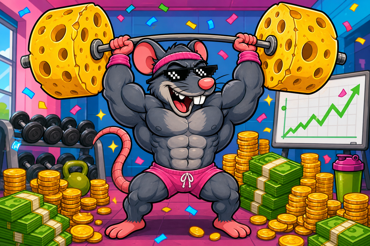 A buff rat lifting a giant cheese wheel like a barbell