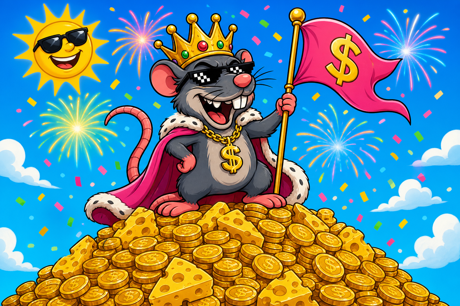 A rat king with a golden crown on top of a mountain of coins and cheese